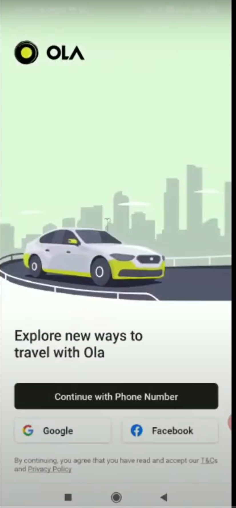 Ola/Uber Welcome Screen