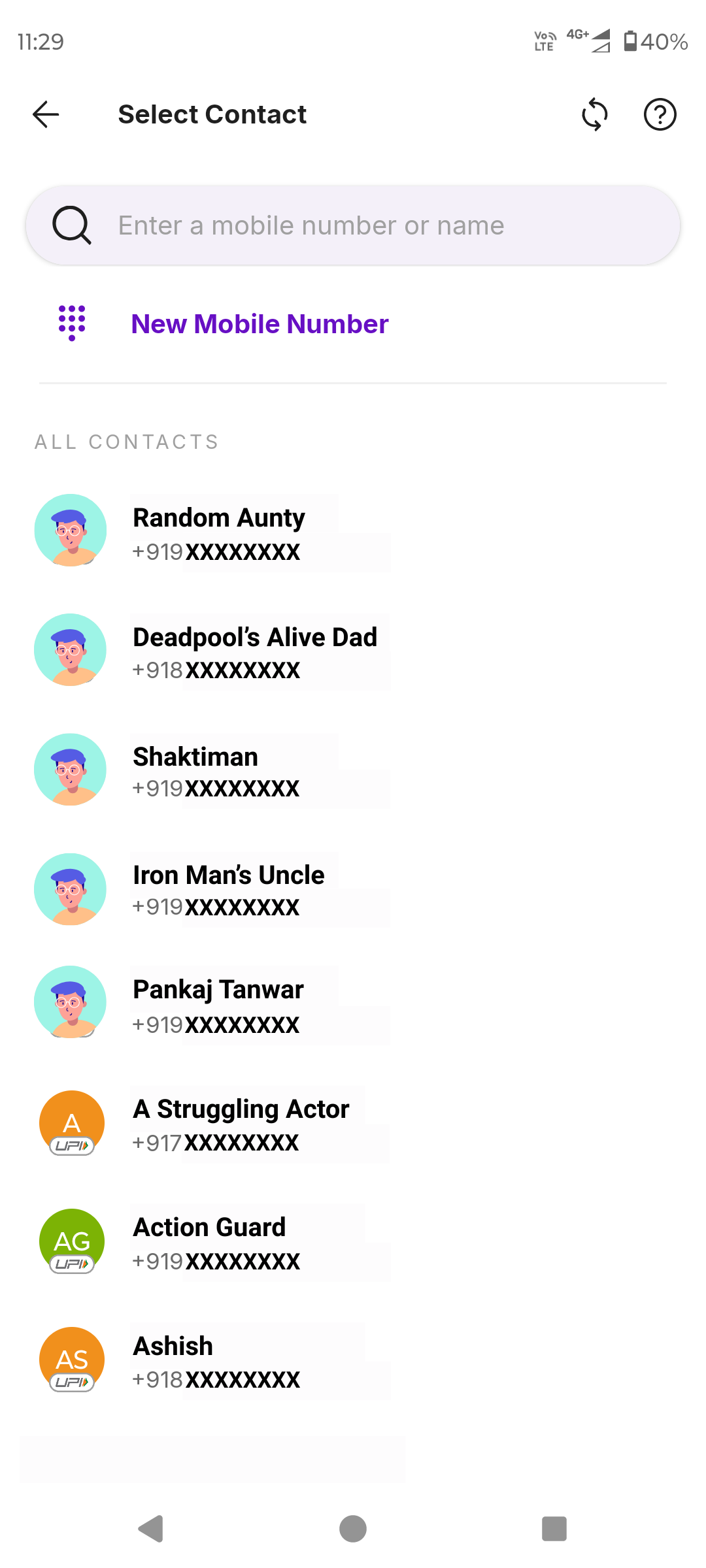 PhonePe Select Contact Screen